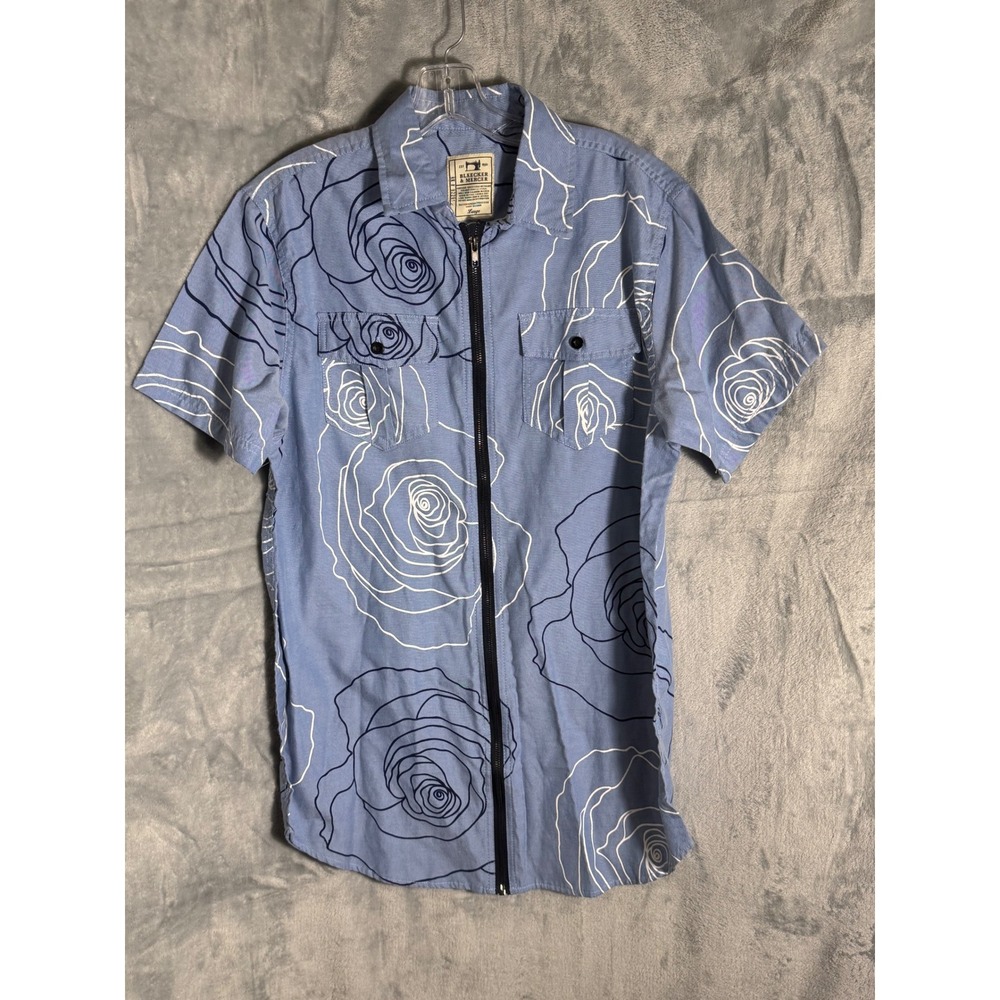 Bleecker & Mercer Mens Blue Rose Floral Print Zip Up Short Sleeve Shirt Large